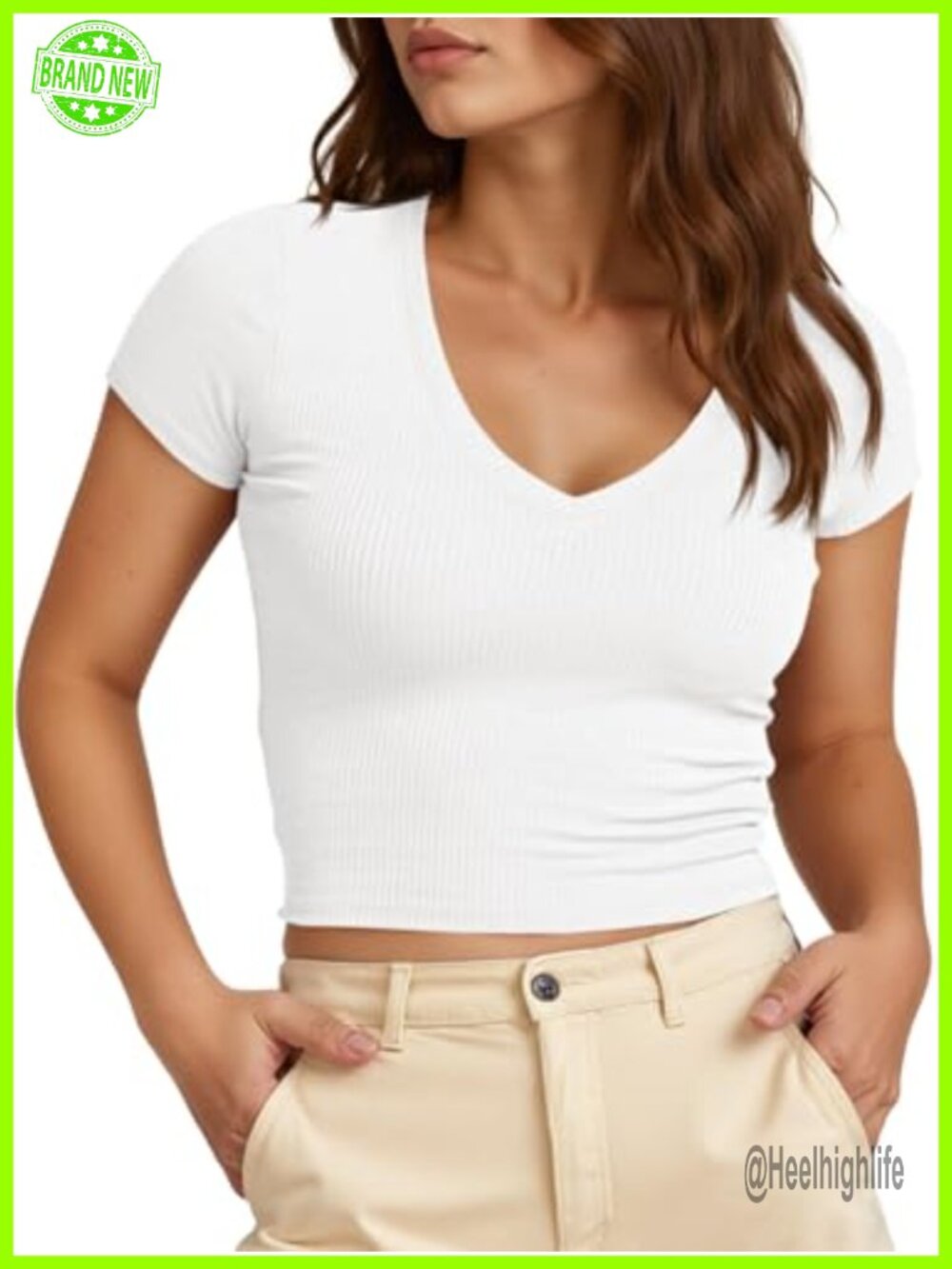 Ribbed V Neck Crop Top Short Sleeve Slim Fit Summer Going Out Tee